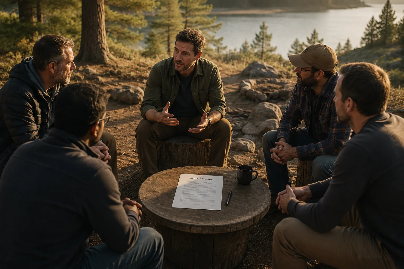 Three to eight men seated in a simple room with a circle covenant on the table