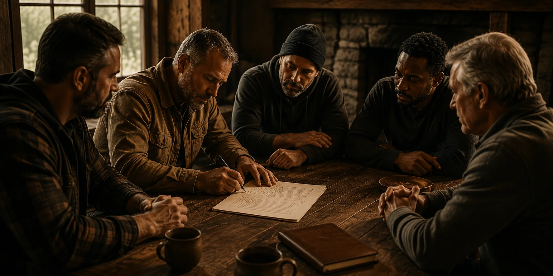 Men gathered around a table with hands on a covenant document in agreement.