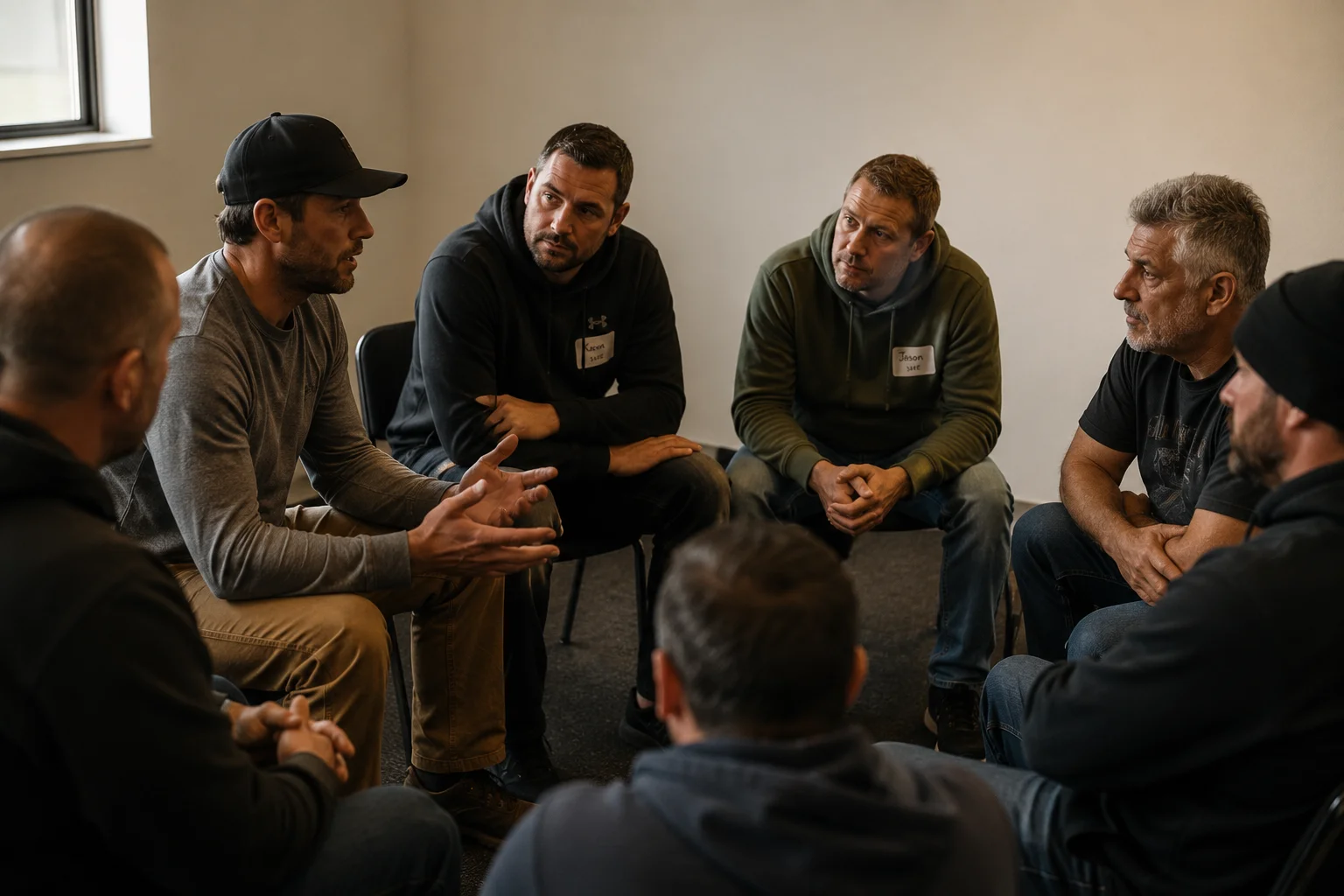 Men gathered together in a small group circle for conversation and witness