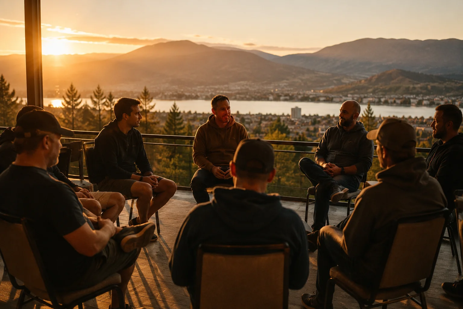 Kelowna men's group gathering in a circle with warm evening light