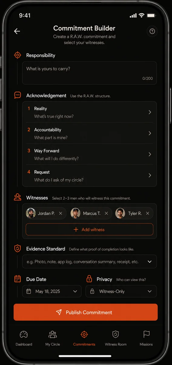 MERIT Commitment Builder screen with witness selection and evidence standards