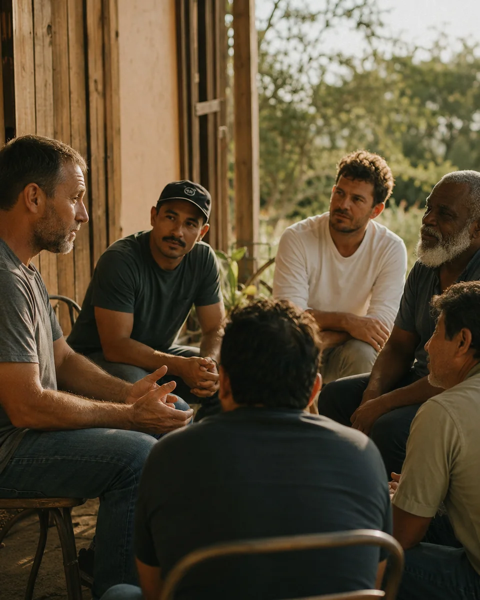 Men seated in a close circle in warm natural light, listening with attention