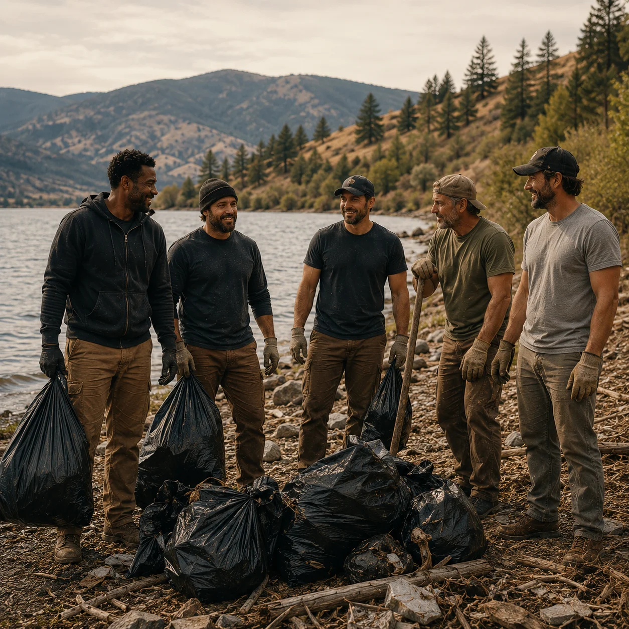 Cleanup team standing together during the Okanagan Lake shoreline service mission.