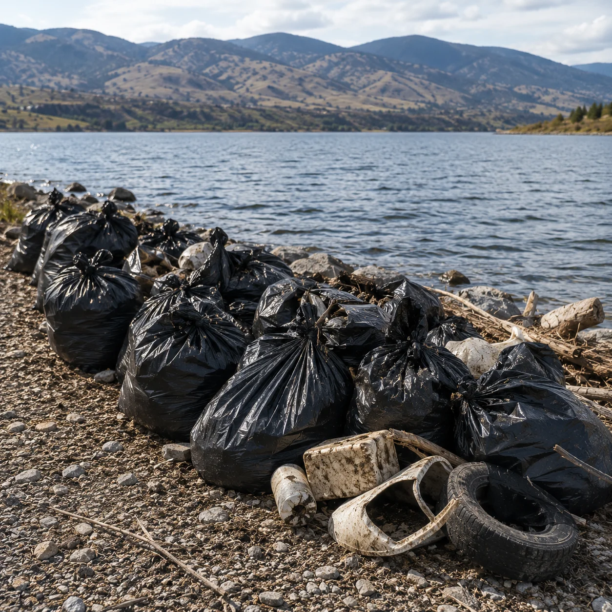 Collected shoreline waste bags from the Okanagan Lake cleanup mission.