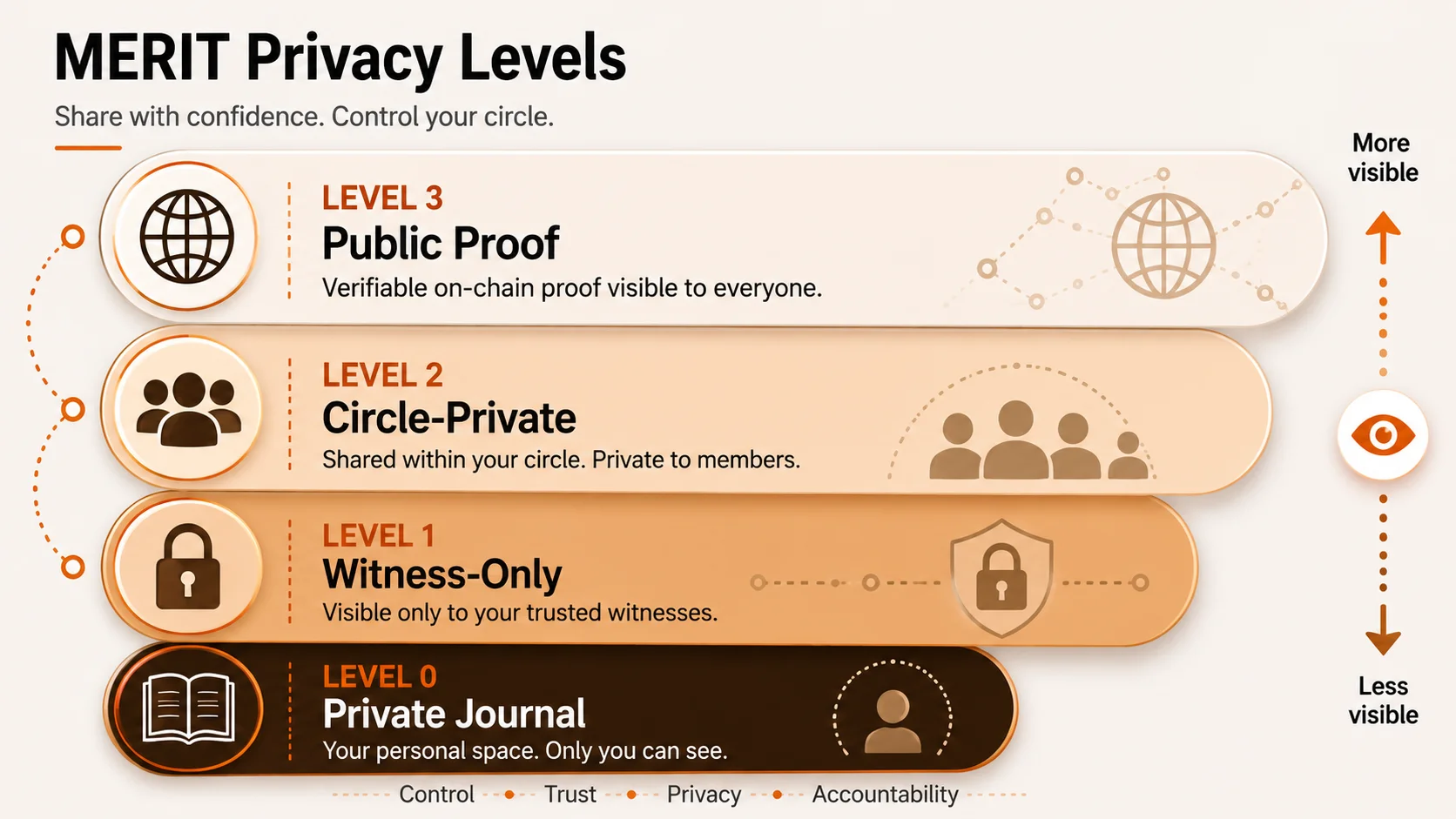 Privacy levels diagram with local, witness-only, circle-private, and public proof layers