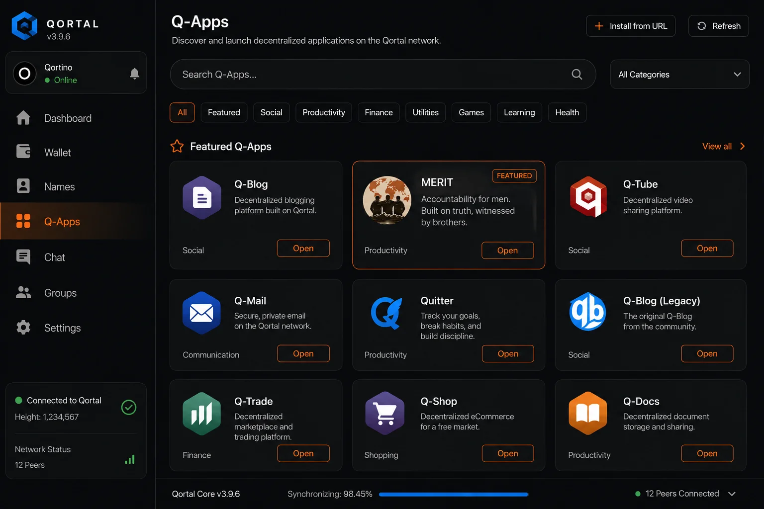 Qortal name registration interface with search bar and available name results