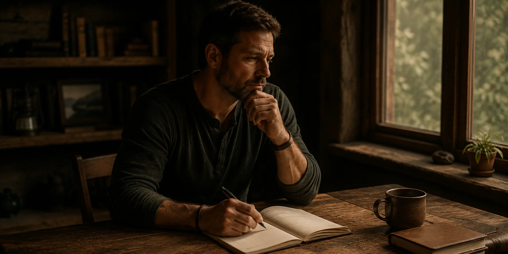 Man in quiet contemplation with an open journal in a simple room.