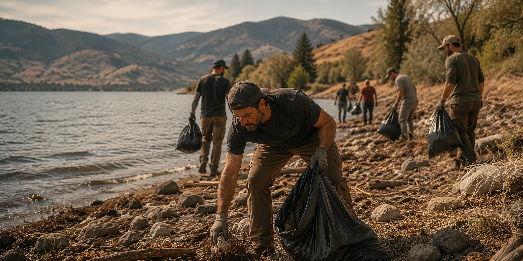 Men cleaning the Okanagan Lake shoreline with bags, gloves, and collected waste beside the water.