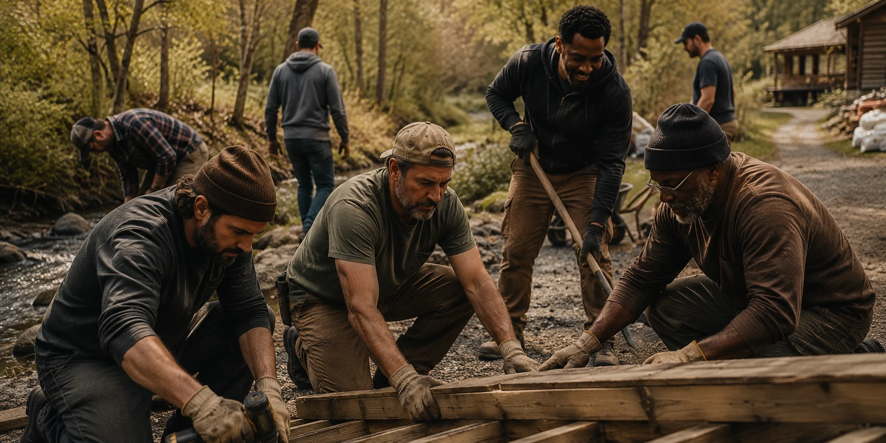 Men working together outdoors on a community service project.