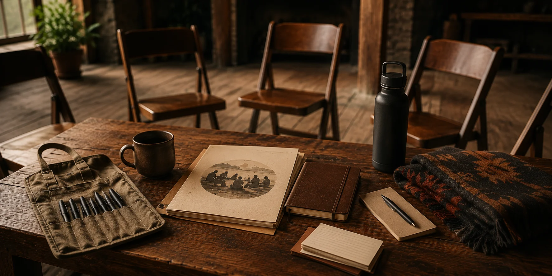 Starter kit and gathering materials with printed guides, pens, chairs, and a simple table.
