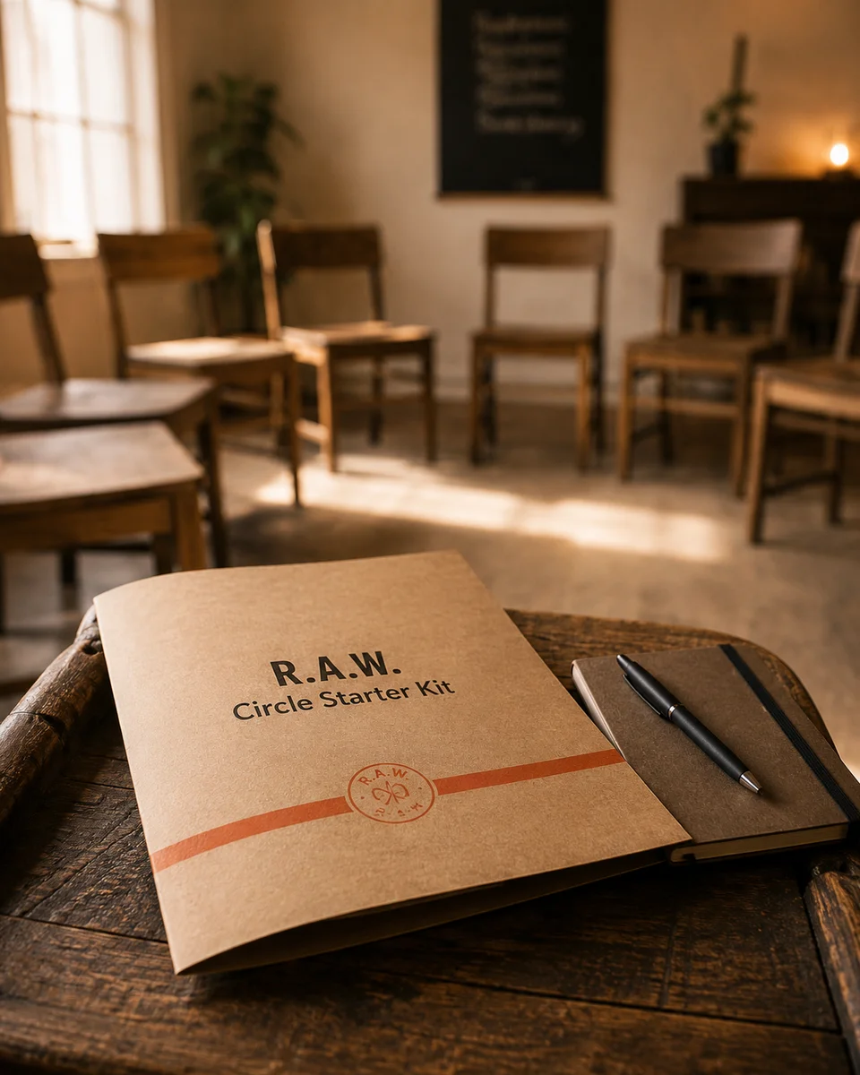 R.A.W. Circle starter kit materials beside chairs arranged for a small men's circle