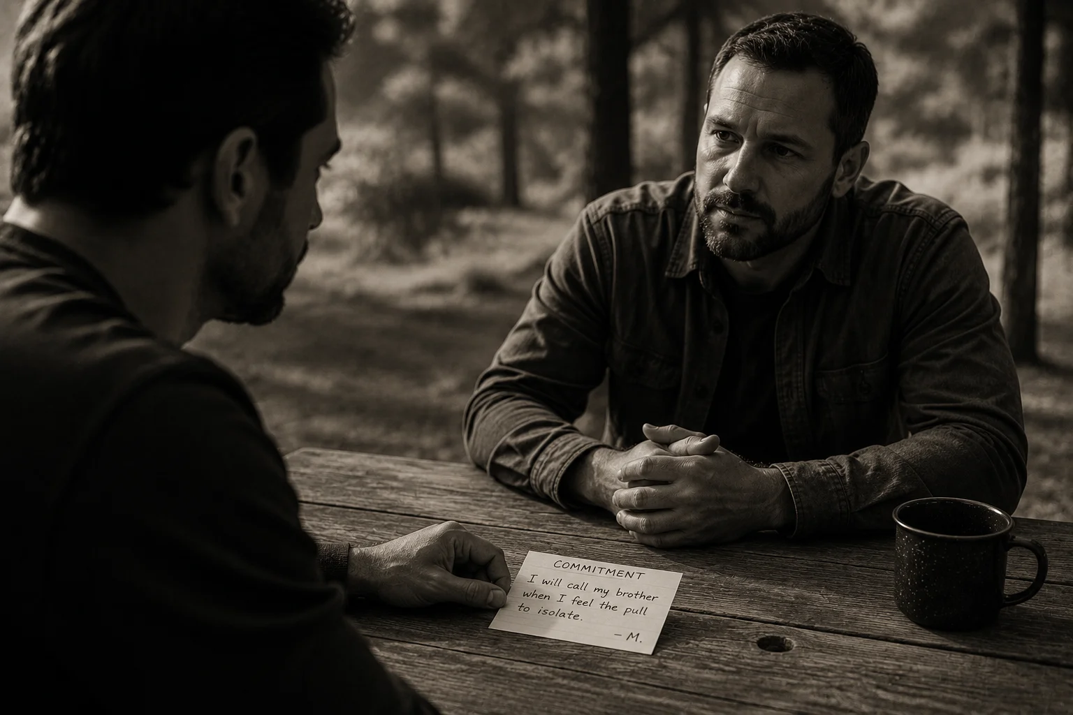 Men in witness and accountability posture with one commitment card on the table