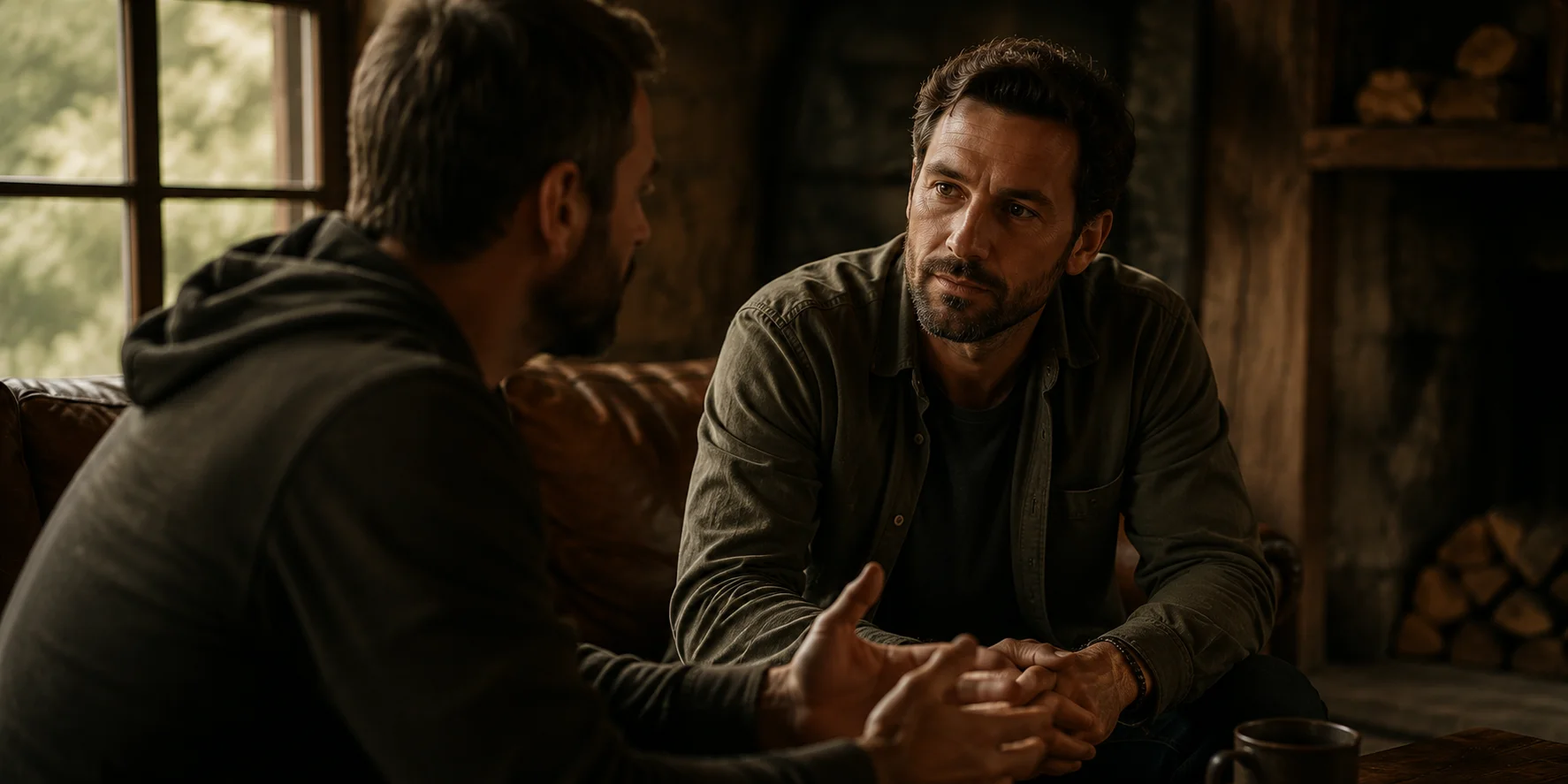 Two men in conversation, one speaking plainly while the other listens attentively.