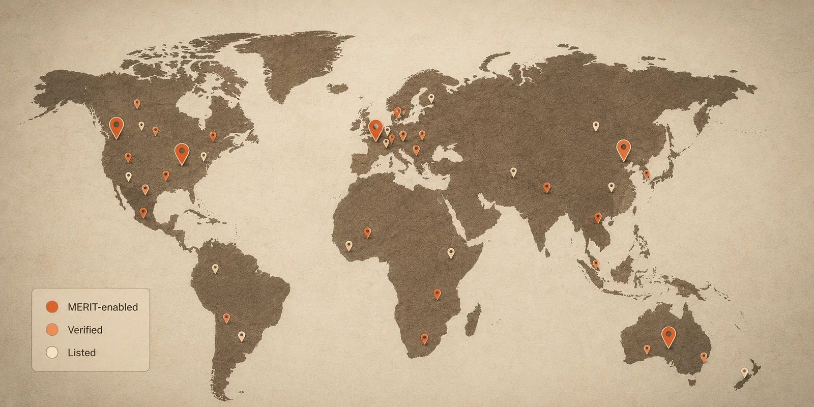Textured world map with markers for local circles, online circles, and MERIT-enabled Qortal groups